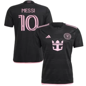 Inter Miami bortatröja 2023 Messi 10, svart fotbollströja framsida och baksida med rosa tryck