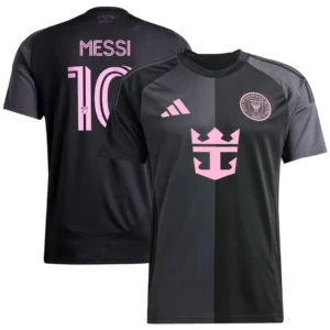 Inter Miami bortatröja Messi 10, svart fotbollströja framsida och baksida med rosa tryck