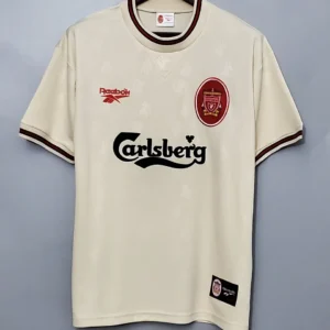 Liverpool retro bortatröja 1996/97 i gräddvitt med rött ovalt klubbmärke, Reebok och Carlsberg-tryck, med eget namn och nummer, framsida