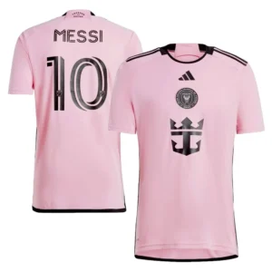 Inter Miami hemmatröja Messi 10, rosa fotbollströja framsida och baksida med svart tryck
