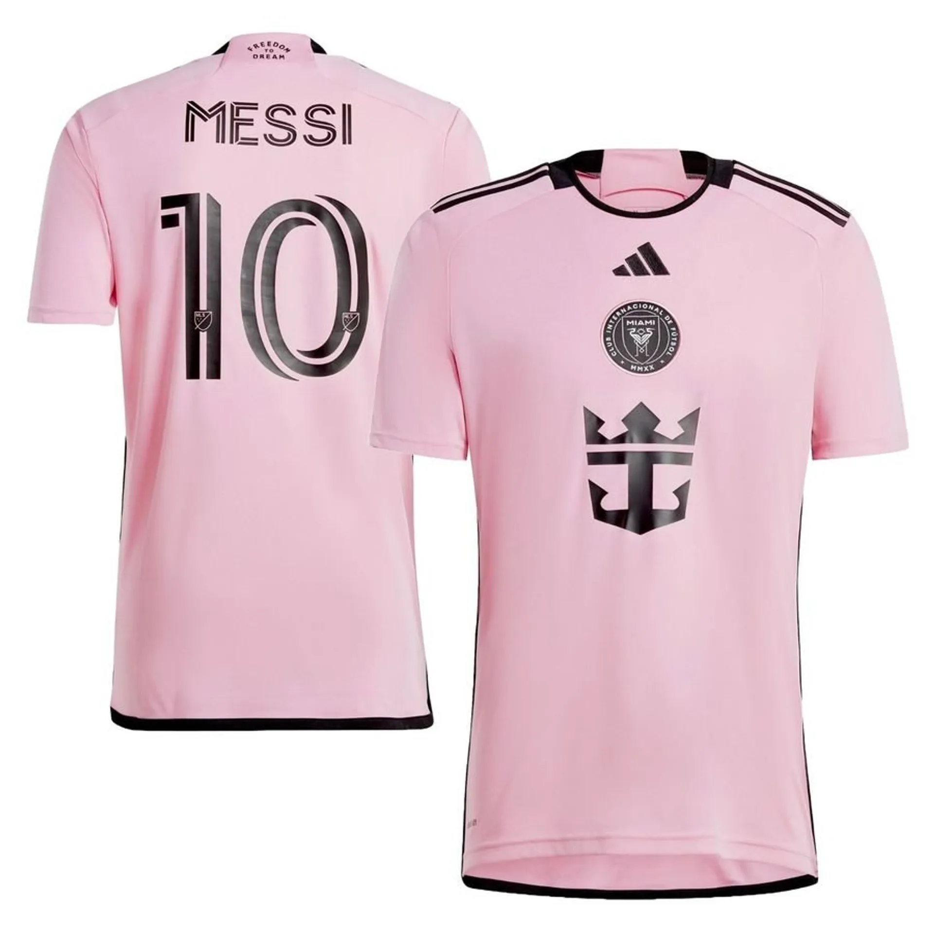 Inter Miami hemmatröja Messi 10, rosa fotbollströja framsida och baksida med svart tryck